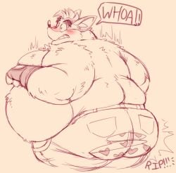 1boy 2020s 2022 activision anthro ass blush boxers butt chubby clothing crash_(series) crash_bandicoot fingerless_gloves fur heart_boxers heart_underwear hi_res male male_only monochrome obese overweight ripped_clothing ripped_shorts smolsnuff solo tagme text torn_clothes torn_shorts underwear video_games weight_gain woah