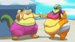 activision anthro barefoot beach belly blonde_hair blue_hair breasts crash_(series) dessert dingodile duo exponentialmass eyewear feet female food hi_res ice_cream male male/female obese obese_anthro overweight overweight_anthro pirate_tawna seaside summer sunglasses tawna_bandicoot tawna_bandicoot_(crash_4) two_tone_hair video_games