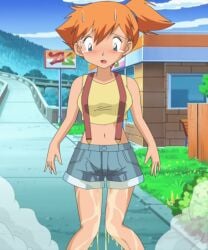 1girls embarrassed female female_only kasumi_(pokemon) misty_(pokemon_hgss) omorashi outside peeing peeing_outside piss_soaked piss_soaked_clothes pokemon shorts solo tagme tyao wetting wetting_self