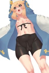 1boy akaringh arms_behind_back backsack balls bike_shorts blonde_hair blue_eyes bridget bulge erection erection_under_clothes femboy guilty_gear guilty_gear_strive male male_only open_mouth penis_bulge shorts solo spandex_shorts standing