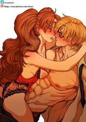 1boy 1boy1girl 1girls 3_eyes areolae big_breasts blonde_hair breasts breasts_out brown_hair charlotte_pudding curly_eyebrow curvy curvy_female female glasses imminent_sex kissing lingerie long_hair male male_focus multi_eye muscle muscles muscular muscular_male nipples nipples_outside one_piece open_shirt ritayaart1 saliva saliva_trail six_pack toned toned_male twintails vinsmoke_sanji