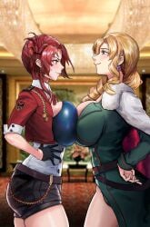 2girls absurdres asymmetrical_hair bangs belt blurry_background blush breasts breasts_pressed_together breasts_to_breasts brown_hair chains cleavage coat cocolia_(honkai_impact) collared_shirt cropped_jacket drill_hair earrings enormous_breasts face-to-face first_porn_of_character folded_hair from_side fur_trim gem green_coat hands_on_hips highres honkai_(series) honkai_impact_3rd huge_breasts impossible_clothes impossible_shirt indoors jewelry looking_at_another massive_breasts mole mole_on_breast multiple_females multiple_girls murata_himeko nice_(kingzone) profile purple_gem red_hair shirt short_hair short_shorts shorts sideboob smile sweatdrop swept_bangs symmetrical_docking underbust up_close voluptuous wing_collar