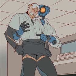 blush blush_lines blushing button_down_shirt clothed color colored faceless faceless_male francishsie gabriel_(ultrakill) gay hand_in_skirt hand_on_chest miniskirt robot robot_humanoid rosary sweat sweatdrop sweating thigh_highs thigh_socks thighhighs ultrakill ultraoffice v1_(ultrakill)