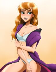 1girls anna_(frozen) blush disney disney_princess embarrassed female_only frozen_(film) lewd mego_yang open_clothes panties robe solo underwear undressing yang_mego