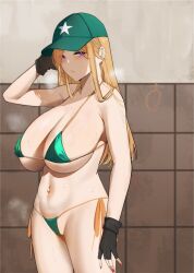 1girls arm_behind_head arm_up bare_shoulders baseball_cap belly_button belly_button_piercing bikini black_fingerless_gloves black_gloves blonde_female blonde_hair blue_eyes blush blushing_at_viewer breasts breath cap cleavage collarbone curvaceous enormous_breasts eyebrows_visible_through_hair eyes_visible_through_hair female_focus fingerless_gloves fingernail_polish fingernails gloves gongba_laoge green_bikini green_bikini_bottom green_bikini_top green_cap green_hat green_headwear green_swimsuit hat headwear hi_res high_resolution highres hourglass_figure huge_breasts indoors lips lipstick long_hair looking_at_viewer lowleg lowleg_bikini micro_bikini micro_bikini_bottom micro_bikini_top nail_polish navel navel_piercing original panties parted_lips pelvic_line piercing purple_eyes red_fingernail_polish red_nail_polish red_nails side-tie_bikini side-tie_bikini_bottom side-tie_panties solo solo_female standing star_(symbol) star_print steamy steamy_body stomach straight_hair string_bikini string_bikini_bottom string_bikini_top sweat sweatdrop sweaty_body sweaty_breasts swimsuit tight_bikini tight_clothing tight_fit tight_swimsuit underboob undersized_clothes voluptuous voluptuous_female wall wall_(structure)