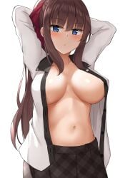 arms_behind_head arms_up bangs black_collar blue_eyes blush breasts brown_hair collar covered_nipples cowboy_shot female hair_between_eyes hair_ribbon highres large_breasts long_hair long_sleeves looking_at_viewer mizushina_minato navel new_game! no_bra open_clothes open_shirt plaid plaid_skirt pleated_skirt ponytail red_ribbon revealing_breasts ribbon shirt sidelocks simple_background skirt solo standing takimoto_hifumi unbuttoned unbuttoned_shirt white_background white_shirt