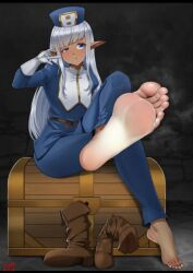 1girls ai_generated barefoot blue_eyes boots brown_skin dark_elf dark_skin elf feet female female_only foot_focus grey_hair karla_(kono_healer_mendokusai) kono_healer_mendokusai low_quality lowres shoes_removed smell soles toes