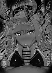 1boy 1girls :>= bare_shoulders big_breasts big_penis black_and_white blowjob blush breasts cap censored demon demon_girl detailed_background drooling eyelashes fate/grand_order fate_(series) fellatio female hat heart heart-shaped_pupils horn humanoid ibuki_douji ibuki_douji_(fate) ibuki_douji_(swimsuit_berserker)_(fate) indoor inside interspecies kurotama long_hair looking_at_viewer male male_pov marking one-piece_swimsuit oni oral oral_sex penis pointy_ears room saliva shiny shiny_skin sketch sound_effects squatting sweat swimsuit text tied_hair tongue tongue_out vein veins veiny veiny_penis very_long_hair