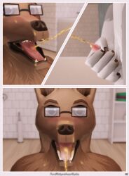 3d ambiguous_gender anatomically_correct anatomically_correct_genitalia animal_genitalia animal_penis anthro bathroom bodily_fluids canid canine canis comic digital_media_(artwork) duo english_text eyewear felid feline_penis genital_fluids genitals glasses golden_shower hi_res holding_penis jackal kneeling mammal mynka nude open_mouth page_5 pantherine peeing peeing_on_another penis text urine urine_in_mouth urine_stream watersports