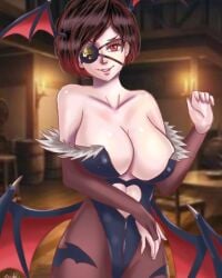 animal_print bare_shoulders bat_print big_breasts black_clover black_hair black_leotard breasts bridal_gauntlets capcom clothing clothing_cutout cosplay crossover darkstalkers demon_girl eye_patch eyepatch female guolfeich hair_ornament head_wings heart_cutout highres large_breasts leotard looking_at_viewer morrigan_aensland morrigan_aensland_(cosplay) pantyhose red_eyes short_hair smile vampire vanica_zogratis wings