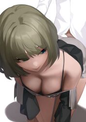 1boy ass bangs bare_shoulders bent_over black_shirt blue_eyes breasts buttjob cleavage collarbone female fringe_trim green_eyes green_hair heterochromia highres idolmaster idolmaster_cinderella_girls long_sleeves medium_breasts mole mole_under_eye penis senju_(snz0) shirt short_hair shorts smile solo_focus takagaki_kaede thighs white_shorts