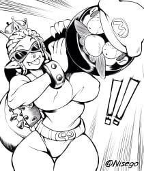 !! 1boy 1girls 2018 artist_name big_breasts black_and_white cannon cleavage cornrows crown curvaceous curvy fangs hourglass_figure humanized koopaling leotard mario mario_(series) new_super_mario_bros._u_deluxe nintendo nisego pointy_ears roy_koopa royette smile sunglasses super_crown super_mario_bros. tail thick_thighs tongue_out voluptuous wide_hips