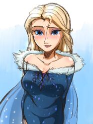 1girls blush breasts disney disney_princess dress elsa_(frozen) female female_only frozen_(film) long_dress mego_yang off_shoulder png solo yang_mego