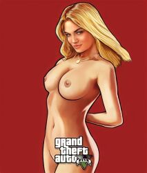 1girls accurate_art_style blonde_female blonde_hair blue_eyes breasts edit female female_only grand_theft_auto grand_theft_auto_v gtav_cover_girl hands_behind_back looking_at_viewer nipples nude shelby_welinder solo