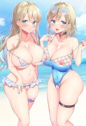 2022 2girls areola areola_slip beach belly big_breasts bikini bikini_top blonde_female blonde_hair blue_eyes blue_swimsuit blush cleavage crotchless_bikini duo duo_focus konnyaku_(yuukachan_51) looking_at_viewer multiple_girls navel nipples original seaside see-through_bikini standing sweat sweatdrop swimsuit