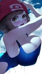 1girls 2022 big_eyes blush breasts brown_hair cleavage competition_swimsuit female female_only hat horny huge_breasts massive_breasts nintendo one-piece_swimsuit pokemon pokemon_sm selene_(pokemon) short_hair smile sumisumii swimsuit