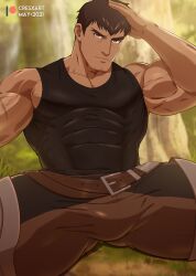 1boy brown_eyes brown_hair bulge_through_clothing clothed cresxart davion davion_the_dragon_knight dota dota:_dragon's_blood dota_2 looking_at_viewer male male_only muscles muscular muscular_arms muscular_male scar solo solo_male tan-skinned_male tan_skin