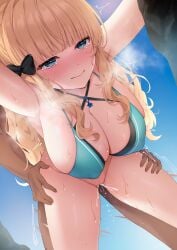 1boy 1girls aqua_bikini ayomo_ro bikini black_bow blonde_female blonde_hair blue_eyes blue_sky blush bow breasts closed_mouth cloud commentary_request dark-skinned_male dark_skin day female hairbow highres interracial large_breasts light-skinned_female light_skin long_hair outdoors princess_connect! saren_(princess_connect!) sex sky standing standing_sex straight swimsuit tears