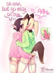 2022 2boys anal anal_insertion balls balls_in_panties black_hair blonde_hair blush clothed clothing dialogue dog_ears dog_tail elf english_text erection fake_animal_ears femboy fully_clothed girly hoodie_(artist) humanoid humanoid_penis light-skinned_male light_skin long_ears male male_only max_(hoodie) miniskirt original panties penis pointy_ears skirt standing surprised text thighhighs vibrator vibrator_in_ass vick_(hoodie) yaoi