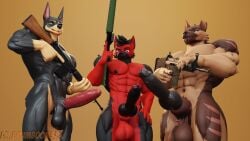 anthro balls big_balls big_muscles big_penis black_body black_fur black_sclera brown_body brown_fur canid canine canis dal_(dal_your_pal) dobermann domestic_dog dominic_pepe_(drboumboom32) drboumboom32 erection foreskin fur genitals german_shepherd group gun herding_dog hi_res huge_balls huge_cock huge_muscles humanoid_genitalia humanoid_penis hybrid_genitalia hybrid_penis kingkapwn knot knotted_humanoid_penis looking_at_viewer looking_down_at_viewer male male/male mammal muscular muscular_anthro muscular_male nipples nude pastoral_dog penis pinscher purple_eyes ranged_weapon red_body red_eyes red_fur scar scars_all_over sheath tan_body tan_fur trio valorlynz weapon yellow_eyes