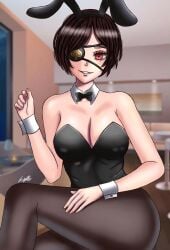 1girls black_clover black_hair breasts bunny_ears bunnysuit eyepatch eyewear guolfeich looking_at_viewer pantyhose red_eyes short_hair smile thick_thighs vanica_zogratis