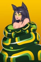 anaconda asphyxiation big_breasts black_hair breasts cat_ears cat_girl catgirl coiling coils constriction femsub fox_ears g-lahndi hypnosis kitsune naked neko nude nude_female open_mouth reptile serpent snake squeezing