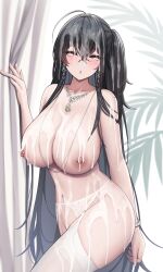 1girls ahe_gao ahoge areolae azur_lane black_hair blush breasts bukkake cum cum_on_body ear_piercing female hair_ornament hips huge_breasts jewelry large_areolae light-skinned_female light_skin long_hair naughty_face necklace nipple_piercing nipples pierced_nipples red_eyes side_ponytail side_slit siu_(siu0207) slim_waist smile taihou_(azur_lane) taihou_(temptation_on_the_sea_breeze)_(azur_lane) thick_thighs thighhighs thighs white_dress wide_hips