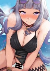 animal_ears bangs bikini bikini_aside bikini_bottom_aside black_bikini blush bouncing breasts cleavage clothing_aside cowgirl_position eyewear_on_head female gold_ship_(umamusume) grey_hair highres horse_ears horse_girl jewelry large_breasts looking_at_viewer necklace ocean outdoors penis pov purple_eyes pussy riding seductive_smile sex shokan_(pixiv61462319) smile straddling sunglasses swimsuit umamusume