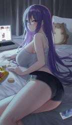 1girls 2022 ass biya blue_eyes booty_shorts breasts dolphin_shorts female female_only hips huge_breasts indoors laptop large_ass light-skinned_female light_skin long_hair looking_at_viewer lying_on_bed original original_character purple_hair short_shorts shorts sideboob slim_waist tank_top thick_thighs thighs wide_hips yuna_(biya)