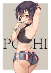 1boy androgynous arched_back armpits arms_up ass black_hair blush crossdressing femboy girly gluteal_fold looking_at_viewer male_focus male_only short_hair short_shorts shorts smile solo tagme tomgirl tongue tongue_out trap xil