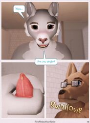 3d ambiguous_gender anatomically_correct anatomically_correct_genitalia animal_genitalia animal_penis anthro bathroom bodily_fluids canid canine canis comic digital_media_(artwork) drinking drinking_urine english_text felid feline_penis genital_fluids genitals hi_res holding_penis jackal kneeling mammal mynka nude page_6 pantherine peeing peeing_in_mouth penis text urinating urinating_male urination urine urine_in_mouth urine_on_face watersports