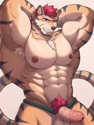 1boy 2023 abs ai_generated animal_ears anthro bara bare_pectorals blue_eyes blush body_hair brown_hair bulge chest_hair completely_nude dark_blue_hair erection facial_hair feet_out_of_frame forked_eyebrows furry furry_male goatee happy_sex jaguar_ears large_pectorals long_sideburns male male_only mature_male medium_hair muscular muscular_male navel navel_hair nipples nude pectoral_press pectorals penis short_hair sideburns solo stable_diffusion stomach thick_thighs thighs tight topless_male uncensored veins veiny_penis wolf_boy