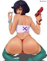 1girls 2022 artist_name asian ass bare_shoulders big_ass black_hair breasts brown_eyes butt cameltoe chronosth1 dark_hair dat_ass evie_(fortnite) female female_focus female_only fortnite fringe glasses green_legwear gummslime gun legwear lipstick looking_at_viewer looking_back petite pistol red_lipstick red_thong short_hair simple_background solo solo_female square_enix sunglasses thick_thighs thighs thong tinted_eyewear top topwear white_background