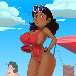 areola_slip big_breasts clothing connie_maheswaran cottndandy cottondandy dark_skin eyewear female human lifeguard looking_at_viewer male neckwear pale_skin rescue_buoy steven_universe swimsuit swimwear tan_body thick_thighs