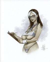 1girls alex_miranda anna_marie brown_hair clipboard female female_only glasses huge_breasts long_hair marvel marvel_comics multicolored_hair necktie rogue_(x-men) solo tie voluptuous white_hair x-men