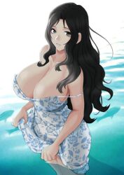 big_breasts black_eyes black_hair breasts busty curvaceous curves curvy curvy_body curvy_female curvy_figure dark_eyes dark_hair gigantic_breasts huge_breasts in_water large_breasts lifting_dress long_hair lowres milf revealing_clothes standing_in_water sundress tagme thighs water yukiyanagi