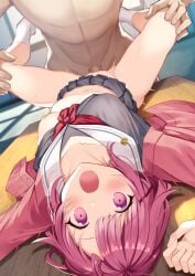 1boy :0 blush breasts censored clothed_female_nude_male collarbone female highres leg_grab lying miyamasuzaka_girls'_academy_school_uniform mosaic_censoring navel nipples nude on_back one_breast_out ootori_emu open_clothes open_mouth penis pink_eyes pink_hair project_sekai school_uniform short_hair small_breasts socks spread_legs straight sweat table upside-down vaginal_penetration valueless0000 wide-eyed