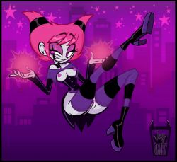 1girls 2017 animated breasts clothing commission dc digital_media_(artwork) female goth grey_skin heel_boots hi_res j-madeye jay-onjey jinx_(dc) magic nipples pink_eyes pink_hair sharp_teeth solo solo_female teen_titans thighhighs thin_waist