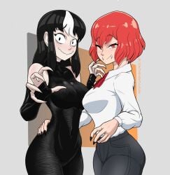 2girls alternate_version_available artist_request black_hair carla_carmilla_(crap-man) female_only noss_the_nosferatu_(crap-man) red_hair tagme tight_clothing vampire