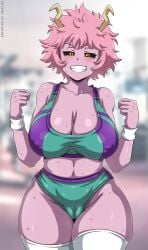 1girls abs black_sclera blush blushing cameltoe cleavage crop_top curvaceous curvy gym_clothes horns hotpants large_breasts midriff mina_ashido mons_pubis muscular muscular_female my_hero_academia navel nipple_bulge pink_hair plump pubic_mound sano-br shounen_jump sweat thick_thighs thighhighs voluptuous vulva workout_clothes