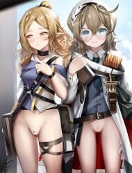 2girls absurdres arknights armor bangs bar_censor bare_shoulders belt belt_buckle black_necktie blonde_female blonde_hair blue_eyes blush book bottomless braid brown_hair buckle censored closed_mouth cowboy_shot croque_diamondface_(arknights) deculture_silvermint_(arknights) embarrassed glasses hair_bun highres holding holding_book long_hair looking_away looking_to_the_side multiple_girls necktie nopetroto parted_bangs pointy_ears pussy pussy_juice red_eyes rimless_eyewear short_hair short_sleeves shoulder_armor side_braid thigh_strap