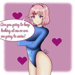 1girls arms_crossed arms_crossed_under_breasts blue_swimsuit crossed_arms doki_doki_literature_club english_text female female_only heart looking_at_viewer natsuki_(doki_doki_literature_club) pink_eyes pink_hair pink_text pout pouting solo standing swimsuit text text_bubble thefishart