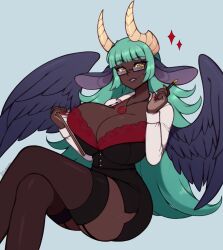 1girls big_breasts blunt_bangs cleavage commission crossed_legs dark-skinned_female dark_skin demon demon_girl demon_horns feathered_wings female female_only floppy_ears garter_straps glasses green_hair horizontal_pupils horns humanoid long_hair looking_at_viewer secretary simple_background sitting smiling_at_viewer solo solo_female solo_focus sparkles stockings thescarletdevil thick_thighs thighhighs wings yellow_eyes