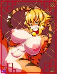 1girls abs anthro areolae big_breasts blonde_hair breasts cat_ears choker claws fangs felid female_focus fur furry furry_only green_eyes huge_breasts jingle_bell katzenstrand muscles muscular_female nipples pantherine pawpads presenting_breasts pussy saffron_(safurantora) solo tiger tiger_ears tiger_girl tiger_stripes tiger_tail