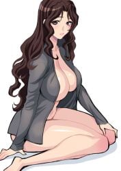 beauty_mark big_breasts blush blushing breasts brown_eyes brown_hair calves huge_breasts large_breasts light_blush long_hair lowres milf mole mole_under_eye on_floor practically_nude tagme thick thick_thighs thighs yukiyanagi