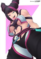 1girls bangs black_hair blunt_bangs capcom female female_only flytrapxx green_eyes hair_horns heterochromia hi_res juri_han light-skinned_female light_skin looking_at_viewer narrowed_eyes open_mouth pink_eyes pink_highlights smiling smiling_at_viewer solo solo_female street_fighter street_fighter_6 tongue_out twintails viewed_from_below voluptuous