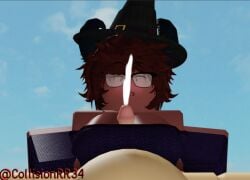 1boy 1girls 3d black_clothing collision cum day daytime ejaculation_between_breasts glasses mage_hat mask medium_breasts open_mouth paizuri raised_eyebrows red_hair red_skin roblox roblox_paheal robloxian source_request surprised tagme