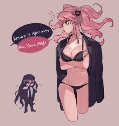 bra breasts danganronpa danganronpa:_trigger_happy_havoc danganronpa_1 danganronpa_2:_goodbye_despair embarrassed_underwear_female euf izuru_kamukura jacket jacket_on_shoulders junko_enoshima large_breasts panties smooth_skin stolen_clothes super_danganronpa_2 underwear underwear_only wearing_others_clothes