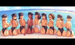 6+girls 9girls a.x. arm_behind_back ass back backless_swimsuit black_hair black_headwear black_ribbon black_swimsuit blonde_female blonde_hair blue_eyes blurry blurry_background breasts brown_eyes brown_hair closed_mouth dark-skinned_female dark_skin dat_ass dated day depth_of_field female_only from_behind hair_tie hand_on_another's_back hand_on_another's_shoulder hand_up hat heavenly_ass highres large_breasts long_hair looking_at_viewer looking_back medium_hair multiple_girls open_mouth original outdoors ribbon short_hair sideboob sitting smile sunglasses swimsuit take_your_pick white_ribbon white_swimsuit wind yellow_eyes