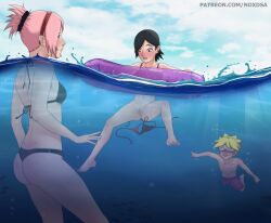 1boy 2girls accident accidental_exposure being_watched bikini_bottom bikini_bottom_removed bikini_top black_hair boruto:_naruto_next_generations bottomless embarrassed exposed_pussy floater floating goggles green_eyes inflatable long_hair mother_and_daughter multiple_girls naruto naruto_(series) no_panties noxdsa ocean partially_submerged partially_underwater_shot pervert pink_hair pussy red_eyes sakura_haruno sarada_uchiha sea short_hair swimming swimwear underwater untied_bikini uzumaki_boruto wardrobe_malfunction watching water yellow_hair